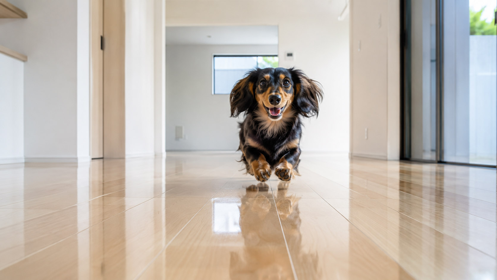 フローリングで滑らないようにフロアコーティングされた床でくつろぐ愛犬